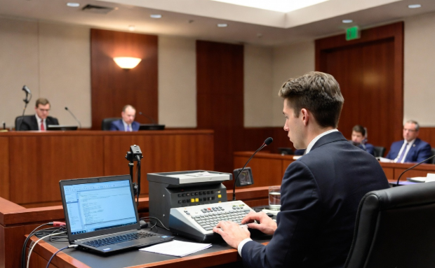 Court reporter preparing accurate transcripts and electronic mini transcript files during a legal deposition in Atlanta.