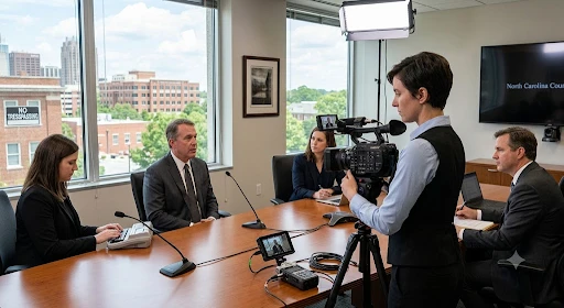 Professional legal videographer in North Carolina recording a deposition to support accurate testimony and trial preparation.